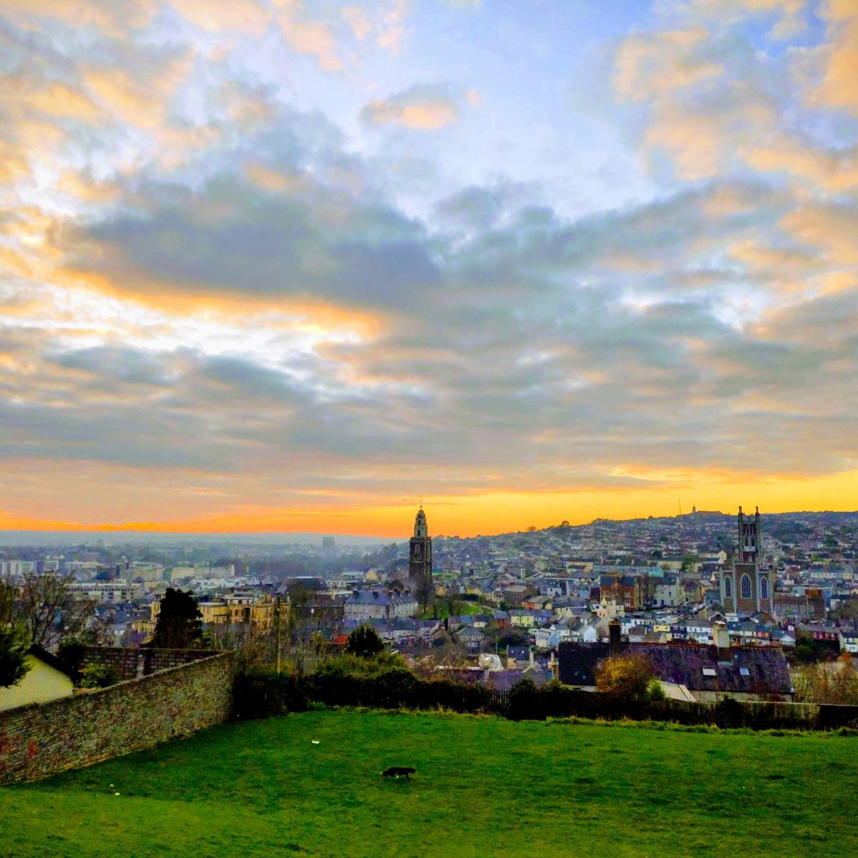 Panoramic view of Cork city at sunset with historic churches and colorful houses