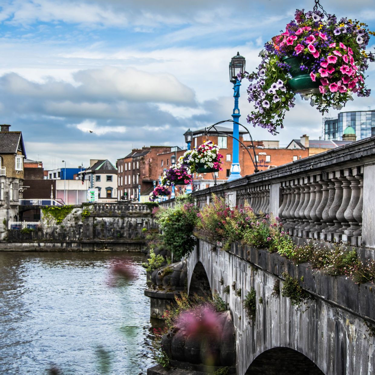 Bridge over the River Shannon in Limerick, Ireland decorated with colorful hanging flowers